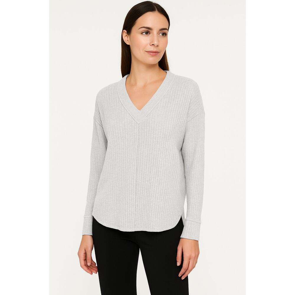 Caslon Gray Ribbed Sweater Women Medium V-Neck Lightweight Knit Pullover Top